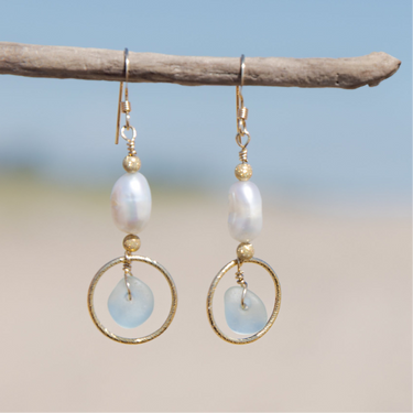 Aqua Blue Sea Glass + Baroque Pearl Circle Earrings